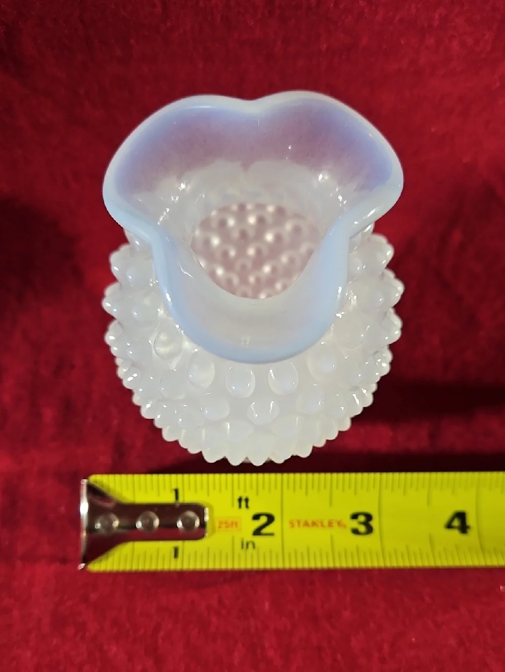 VTG Fenton French White Opalescent Translucent Hobnail Tricorn Crimped Rim Vase